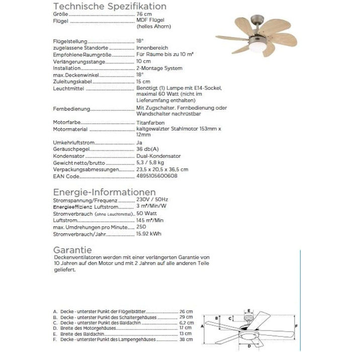 Стельовий вентилятор Westinghouse Lighting 76 см Turbo Swirl 78158 з одинарною лампою і шістьма лопатями, версія з титану з опалов