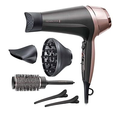 Фен для волосся Remington Curl-Straight з іонізацією (2200 Вт, 3 насадки конічна, для локонів та дифузор, кругла щітка 45 мм, затискачі, 3 рівні температури та 2 рівні обдуву) D5707, чорний