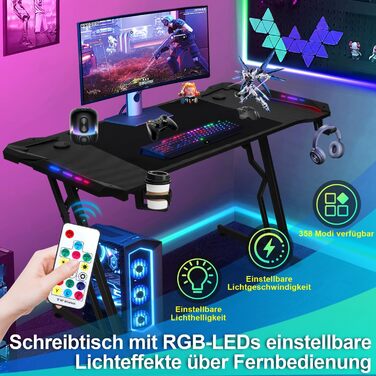 Ігровий стіл зі світлодіодним підсвічуванням, ігровий стіл 140 x 60 см, ігровий стіл для ПК з вуглецевим волокном, ігровий стіл зі світлодіодною Z-подібною рамкою, комп&39ютерний стіл для геймерів з гачком для навушників та тримачем для напоїв