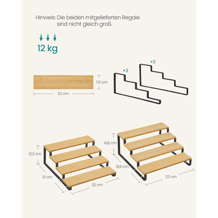 Стелажі для спецій, кухонні полиці, кухонний органайзер, комплект з 2 шт., дерев&39яний композит, 4 полиці кожна, висувні, штабелюються, для комори, стільниця, натуральний бежевий-чорний колір KCS216N01 Натуральний бежевий чорний, 4 яруси (31,9 Г x 14,8 В