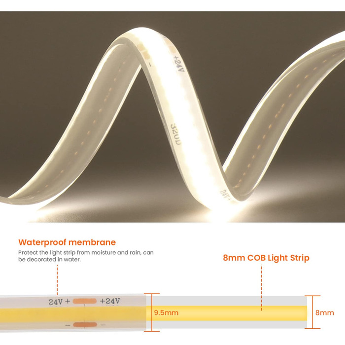 Світлодіодна стрічка Wisada 24 В COB, 320 світлодіодів/м Супер яскрава гнучка світлодіодна стрічка Світлодіодний діапазон COB, водонепроникний світлодіодний світильник з підсвічуванням телевізора IP68 для освітлення акваріума та шафи (природний білий, 4 м