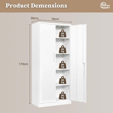 Шафа для документів, шафа для зберігання із замком, сталева шафа, сталева шафка, багатоцільова шафа, металева шафа з 2 дверима для офісу, дому, гаража, спортзалу, школи, 170x78x39 см, білий