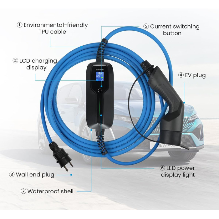 Тип 2 зарядний пристрій для електромобілів, портативний режим 2 16А зарядний кабель для електромобілів з вилкою Schuko для стандар