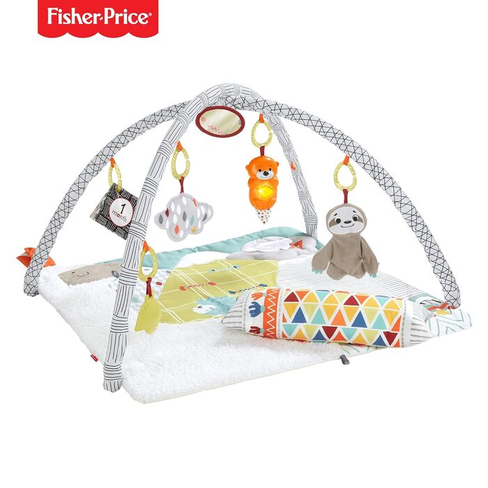 Чуттєва дитяча ігрова ковдра Fisher-Price HBB74-5, м'який ігровий килимок із сенсорними іграшками, шість знімних іграшок для активності, дитяче обладнання від народження зменшена упаковка