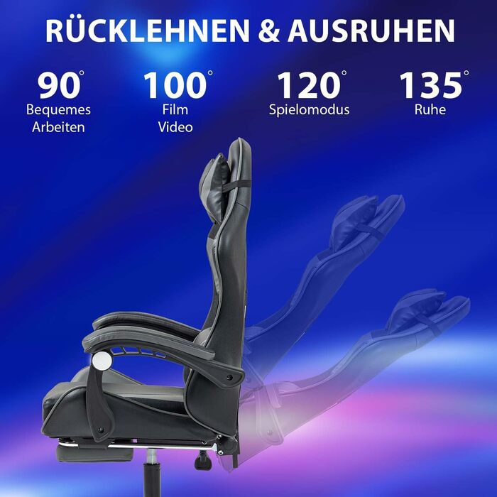 Ігрове крісло з підставкою для ніг, ігрове крісло для дорослих, комп&39ютерне крісло з поперековою опорою, підголівником, офісне крісло з регульованою висотою, чорнийсірий з підставкою для ніг чорнийсірий