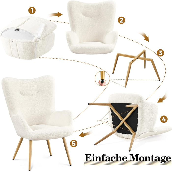 Крісло Yaheetech Wingback, елегантне крісло, м&39яке крісло зі складною спинкою, витримує вагу до 136 кг, крісло для вітальні/спальні, біле, без пуфа