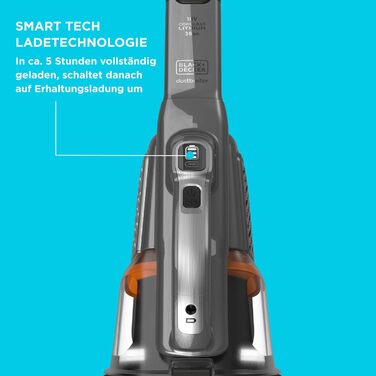 Акумуляторний ручний пилосос BLACKDECKER 18V 2.0Ah зі світлодіодною панеллю Smart Tech, BHHV520JF-QW із зарядним кабелем Titanium/