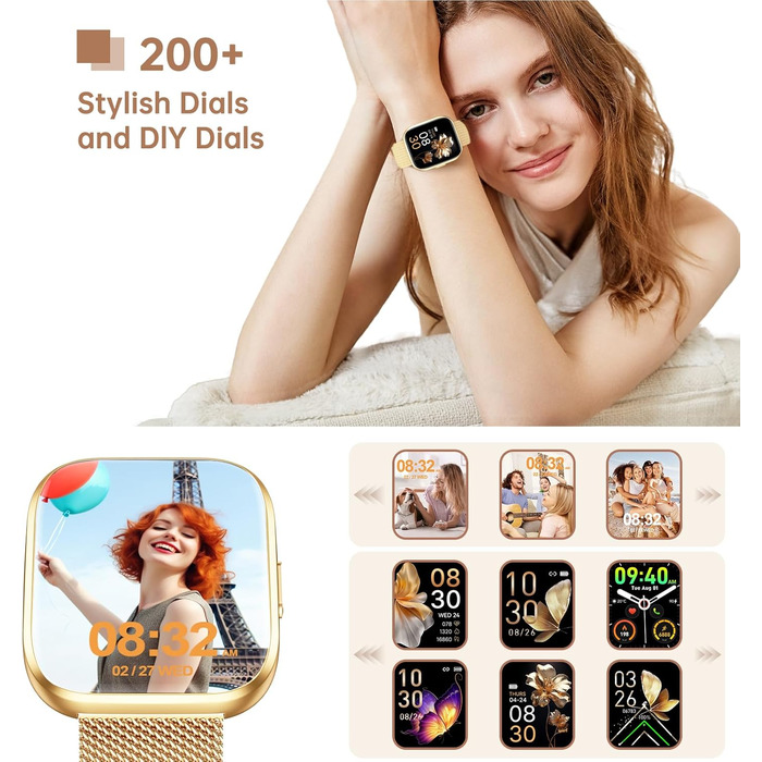 Жіночий смарт-годинник із функцією телефону, сенсорний екран 1,85 дюйма, фітнес-трекер, понад 120 спортивних режимів, водонепроникність IP68, фітнес-годинник із серцевим ритмом, SpO2, монітором сну, крокоміром, смарт-годинник для iOS та Android, золотисти