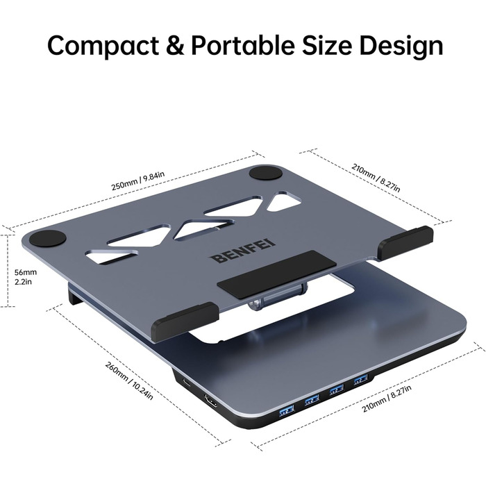 Алюмінієва підставка для ноутбука з USB-C док-станцією 6-в-1, HDMI 4K60Hz, 4*USB3.0, 100W PD, сумісна з MacBook Pro/Air, iPad Pro, XPS, Thinkpad