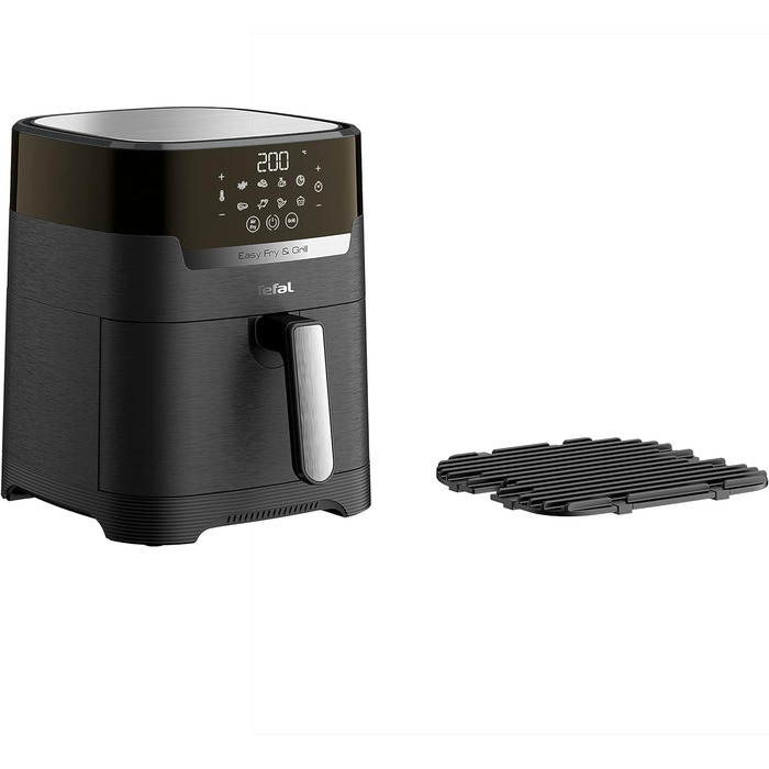 Аерофритюрниця Tefal EY5058 Easy Fry & Grill Технологія 2-в-1 (фритюрниця та гриль) Цифровий дисплей 4,2 літра на 6 порцій 8 програм приготування енергозберігаючі без масла Чорний, XL з дисплеєм без віконця Чорний