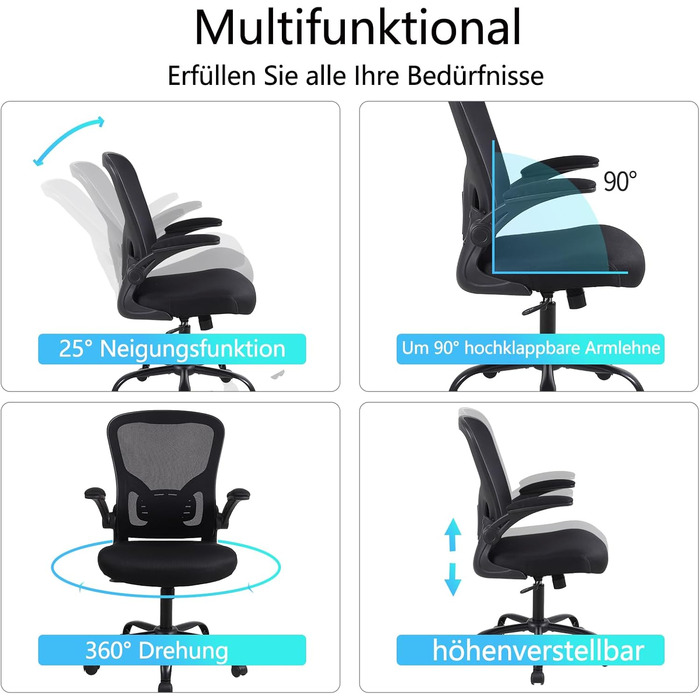 Офісне крісло Youhauchair, ергономічне офісне крісло з відкидними підлокітниками, письмове крісло з поперековою опорою, дихаюче офісне крісло, чорний класичний колір