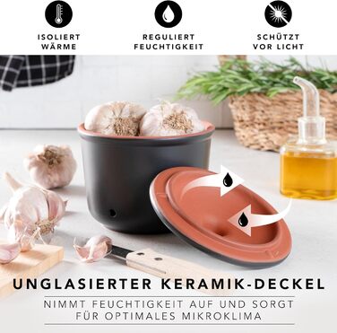 Літра - Керамічний горщик для часнику - Дихаюча глина довше зберігає овочі свіжими - Ідеальна циркуляція повітря - Чорний, 0,6