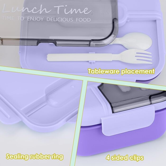Ланчбокс для дорослих, 1450 мл, стильний контейнер для обіду з ложкою та виделкою, зручний для транспортування, обідній бокс з 3 відділеннями, без BPA, герметичний, ідеально підходить для їжі (ліловий)
