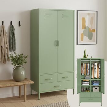 Металева шафа Skølm Atria Металева шафа з 6 відділеннями, 2 рейками для одягу та 3 шухлядами Шафа м&39ятно-зеленого кольору Металева шафа завширшки 80 см Шафа для спальні Шафа для передпокою м&39ятно-зеленого кольору з 2 дверима, 3 шухлядами