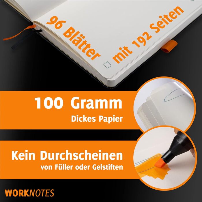 Зошит WORKNOTES у лінійку A4 - Зошит для творчих людей та діячів, 192 перфоровані сторінки, папір, стійкий до чорнил, 100 г/м, тверда обкладинка чорного кольору, включаючи петлю для ручки та кишеню для документів