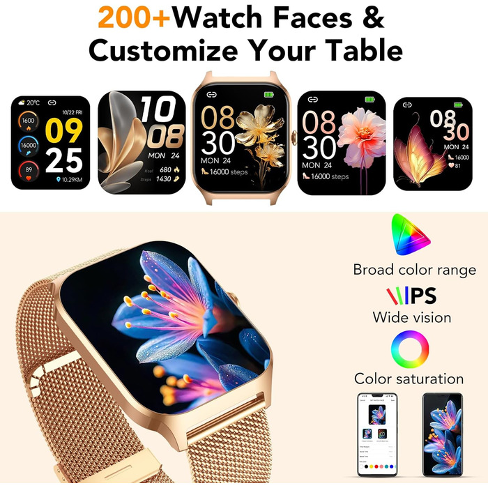 Жіночий смарт-годинник із функцією телефону, 1,85-дюймовий HD-дисплей із пульсом/SpO2/монітором сну/крокоміром, понад 120 спортивних режимів, фітнес-трекер IP68, сумісний з iOS та Android, золотистий та світло-рожевий
