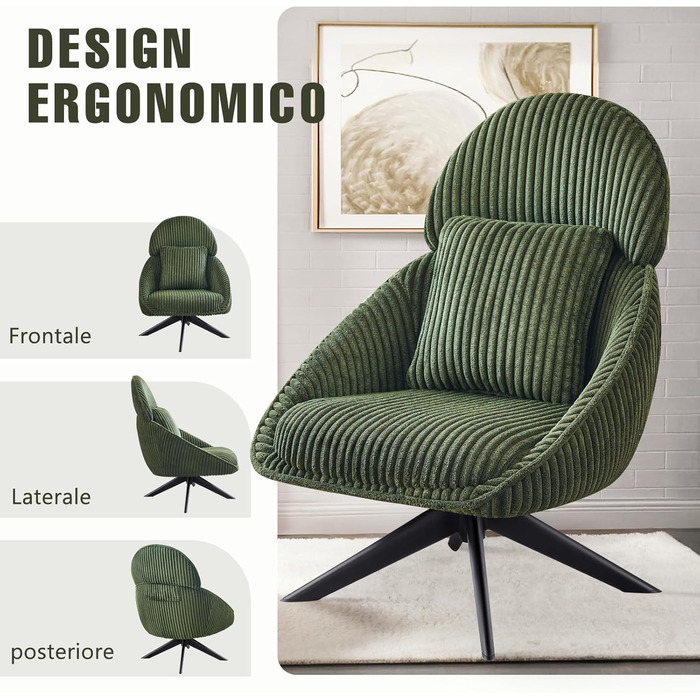 Крісло-шезлонг, крісло для вітальні, поворотне на 360, крісло з відкидною спинкою, м&39яке крісло з товстою знімною декоративною подушкою, крісло-реклайнер/крісло для читання для вітальні, спальні, офісу, зелене