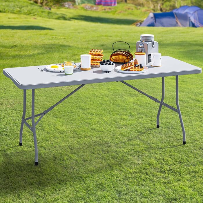 Складаний стіл з ручкою для перенесення, водонепроникний садовий стіл, складний кемпінговий стіл, складний набір для пивного саду, фуршетний стіл для вечірок на свіжому повітрі, пляжних барбекю, 180 x 75 x 74 см, білий