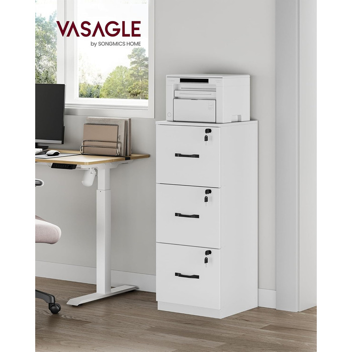 Картотечна шафа VASAGLE, офісна шафа для домашнього офісу, підставка для принтера, з 3 шухлядами, що замикаються, регульовані підвісні рейки, для форматів A4 та Letter, хмарно-білий OFC055W14 хмарно-білий 3 полиці (103 висоти см)
