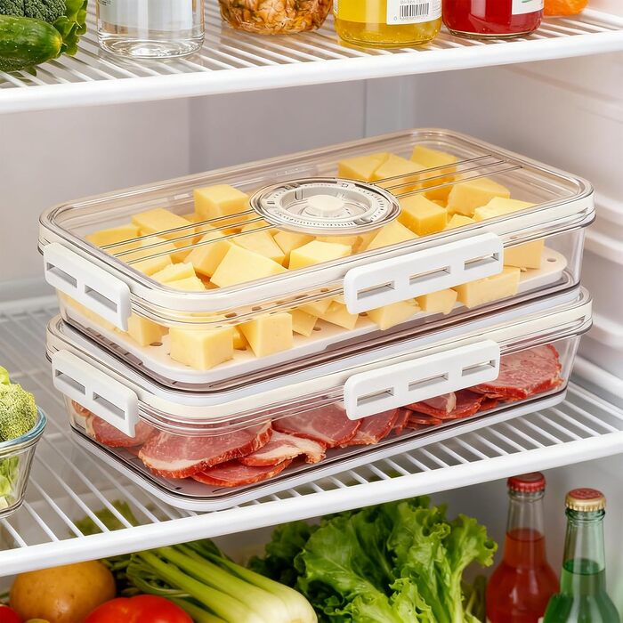 Ящик для зберігання сиру та ковбаси для холодильника, комплект з 2 шт. прозорий герметичний ящик для делікатесів з таймером та вставкою для зливу, ідеально підходить для зберігання сиру та ковбаси.