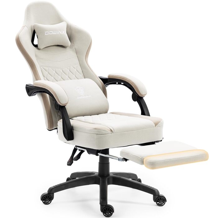 Ігрове крісло Dowinx з тканиною та розсувною та складною підставкою для ніг, ергономічне офісне крісло з гелевою подушкою та пружинною подушкою з кишеньковим механізмом, масажне ігрове крісло для дорослих, бежевого кольору Deluxe