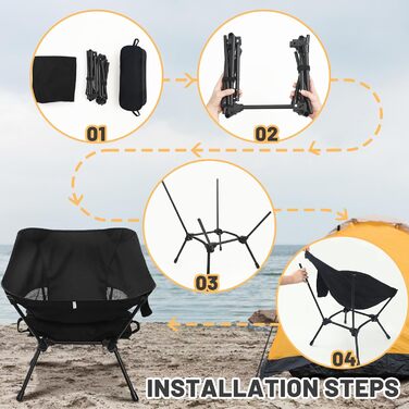 Складаний кемпінговий стілець, надлегкий маленький складний стілець, регульована висота, з боковими кишенями, компактний кемпінговий стілець для пікніків, риболовлі, садівництва, пішого туризму, спорту, активного відпочинку, походів, чорний - 2 шт.