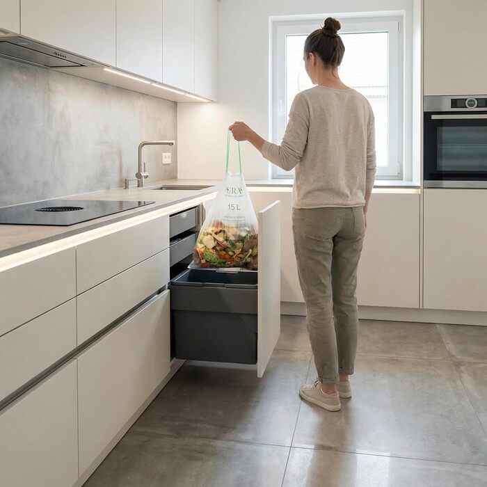 Літрові пакети для органічних відходів зі шнурком, 150 шт. Компостовані, біорозкладні пакети для відходів, сертифіковані та перевірені за стандартом DIN EN 13432, стійкі до розривів та водонепроникні., 15-