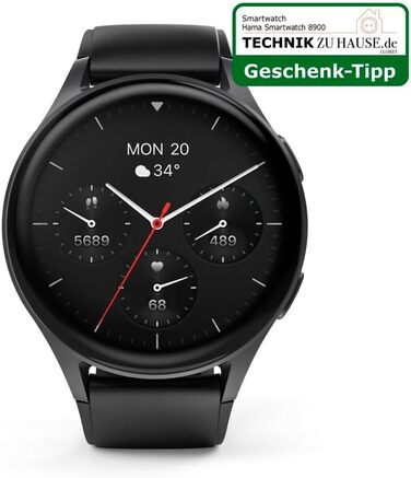 Розумний годинник Hama 8900 з GPS, водонепроникний IP68, функція телефону (сенсорний AMOLED-дисплей, голосове керування, спортивні режими, трекер сну, пульсометр, WhatsApp, годинник для бігу, пульсометр, фітнес-годинник) чорний