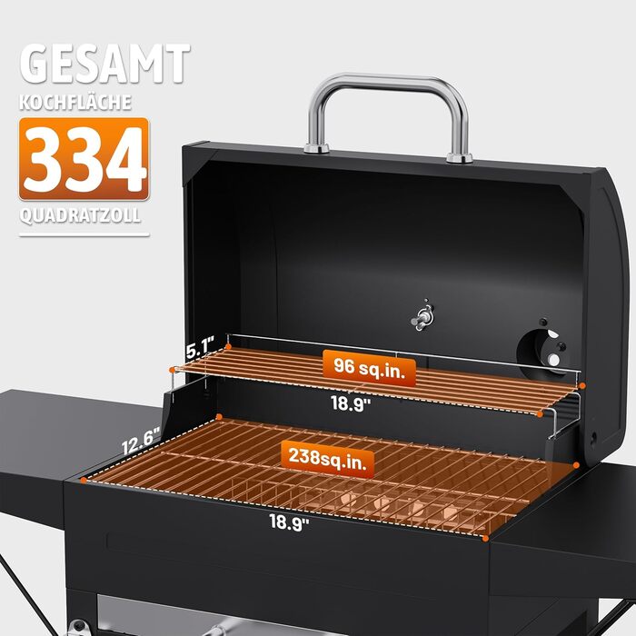 См) Вугільний Гриль - 334 кв. дюйми, Нержавіючий Візок з Двома Міцними Бічними Поличками та Хромованим Решіткою. Ідеально підходить для Саду, Гаража, Тераси, 20 (50