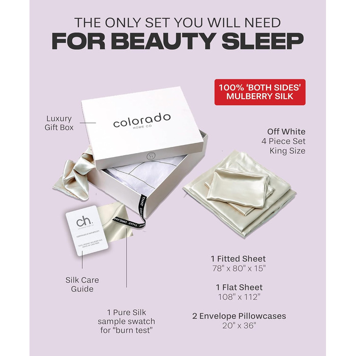 Комплект шовкової постільної білизни Colorado Home Co Mulberry, 100 шовк, простирадло з глибокою кишенею, повне приталене простира