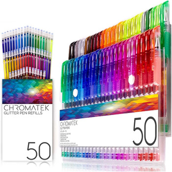 Блискучі олівці CHROMATEK, 100 шт. , 50 гелевих ручок, 50 змінних наповнювачів, супер блиск, дуже яскраві кольори, без повторень, професійні художні олівці, нові та покращені