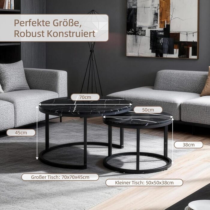 Набір журнальних столиків з 2 шт. , бічний столик, стіл для вітальні, журнальний столик з регульованою висотою, для вітальні, круглий дерев&39яний журнальний столик з чорним металевим каркасом, діаметр 70/50 см, чорний