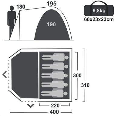 Ваш намет GEAR Tivano 5-місний купольний намет Вітальня Бічний вхід Вікно Висота 5000 мм УФ 50 Захист Синій сірий