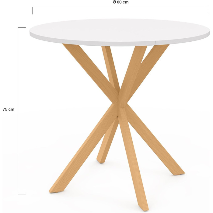 Круглий обідній стіл Gisele для 4 осіб, дерев&39яна ніжка-павук та біла стільниця, 80 см