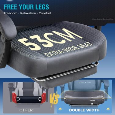 Ігрове крісло GTPLAYER, Дихаюче офісне крісло, Ергономічне офісне крісло, Високоякісна тканина, Ергономічне крісло для ПК, Регульована на 160 спинка та Розсувна підставка для ніг, Світло-сірий, Великий