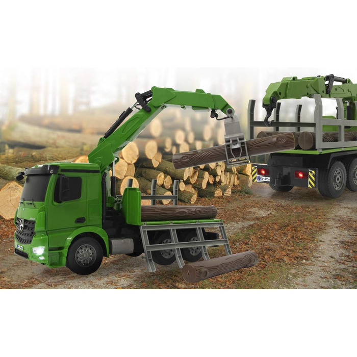 Деревовоз Mercedes-Benz Arocs 120 2,4GHz Повнопривідний, кран та грейфер з дистанційним керуванням, реалістичні звуки з можливістю вимкнення, світло, поворотники, у комплекті колоди.