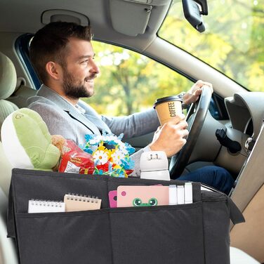 Органайзер на спинку автокрісла Cozary, органайзер для дітей з кишенями для іграшок, книжок та перекусів, з тримачами для напоїв та сітчастими кишенями, складаний чорний