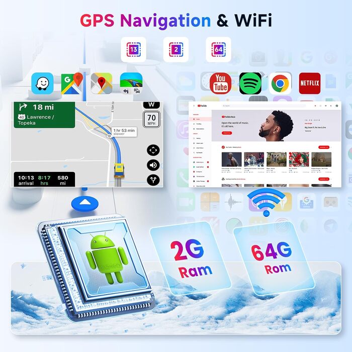 Автомагнітола Hodozzy 2G64G Android для Audi TT MK2 8J 2008-2014 з бездротовим Carplay Android Auto, 7-дюймовий сенсорний екран, 2 Din з навігацією, GPS, WiFi, Bluetooth, EQ/DSP, FM/RDS, радіо з камерою заднього виду