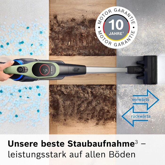 Акумуляторний пилосос Bosch Unlimited 9 BBS921TBA, бездротовий, MicroClean Technology, дисплей, компресія пилу, HEPA-фільтр, 10 років гарантії на двигун, змінний акумулятор, LED-підсвітка, щілина для вузьких місць, зелений