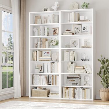 Книжкова полиця FirFurd, полиця з 7 відділеннями, книжкова шафа, окремостояча полиця, полиця для зберігання, для вітальні, офісу, спальні, 209,5 x 60 x 23,5 см, білий