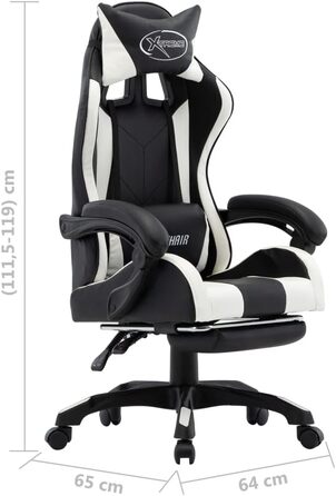 Геймерське крісло з підставкою для ніг, підголівником, поперековою опорою, офісне крісло, обертове крісло, крісло керівника, письмове крісло, спортивне сидіння, гоночний стиль, біла та чорна штучна шкіра