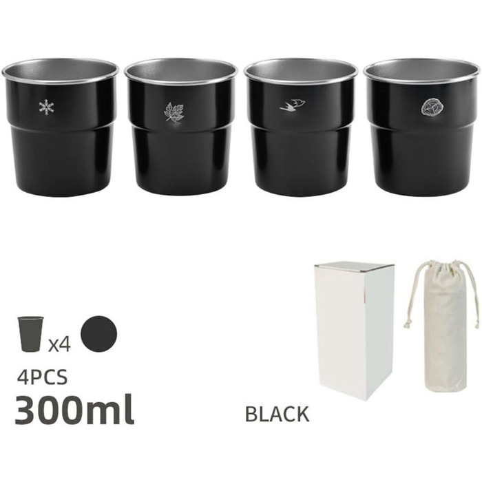 Набір із 4 шт. абельованих туристичних кухлів з нержавіючої сталі об&39ємом 300 мл, кухлі з нержавіючої сталі 304 для кемпінгу, походів та пікніків, зелений, кремовий, білий, чорний та темно-синій кольори