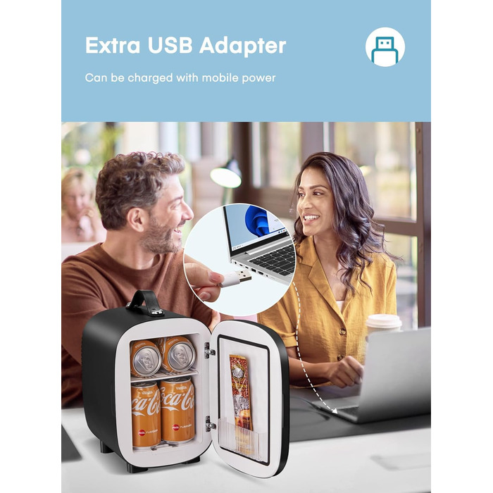 Міні-холодильник 5 літрів, 6 банок міні-холодильник 12В-220В, блок живлення USB для кімнати, догляду за шкірою, офісу або автомобі