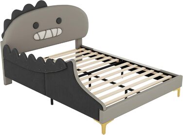 Ліжко 140x200 з рейковою основою, дитяче двоспальне ліжко, форма динозавра, каркас ліжка, молодіжне ліжко, ліжко для хлопчиків та дівчаток, ПУ, без матраца, 140 x 200 см, сірий