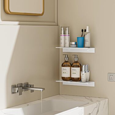 Біла металева настінна полиця, комплект з 2 шт. - Нержавіючий алюміній - Плаваюча полиця - полиця для душу 30 см, не потребує свердління, ідеально підходить для декору та настінного зберігання в будь-якій кімнаті, біла, 30 x 12,5 см