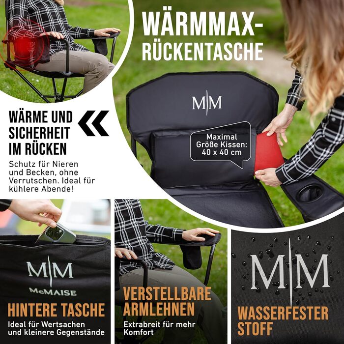 Складаний кемпінговий стілець, чорний, до 150 кг, із задньою кишенею для подушки або грілкової пляшки, обертається на 360