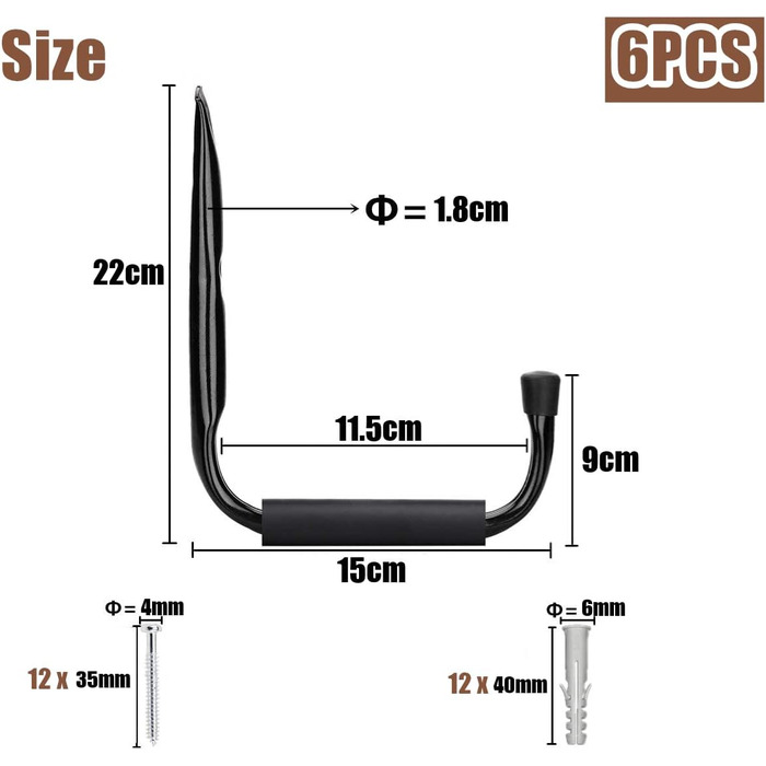 Настінний гачок для зберігання гачка в гаражі, 15 см сталевий гачок для приладу з пінопластом EVA Важкий гачок для зберігання вантажопідйомність 18 кг Інструмент для драбини для гаража Підвал Кухня Сарай Кухня, 6 шт.
