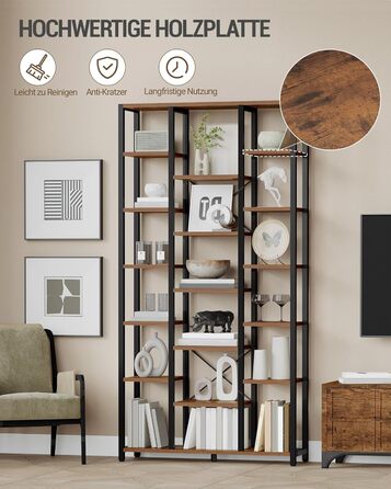 Книжкова полиця Hzuaneri, стояча полиця з 7 рівнями та 18 полицями, регульовані відкриті полиці, для вітальні, офісу, спальні, 30 x 100 x 202 см, вінтажний коричнево-чорний, BC15601B 30 x 100 x 202 см вінтажний коричнево-чорний