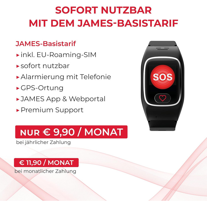 Годинник James B8 для екстрених випадків та безпеки для людей похилого віку GPS, виявлення падіння, кнопка SOS, монітор серцевого ритму, функції для здоров&39я, сімейний додаток, гучний будильник чорний/білий вкл. SIM-картку та 2 місяці безкоштовного тари