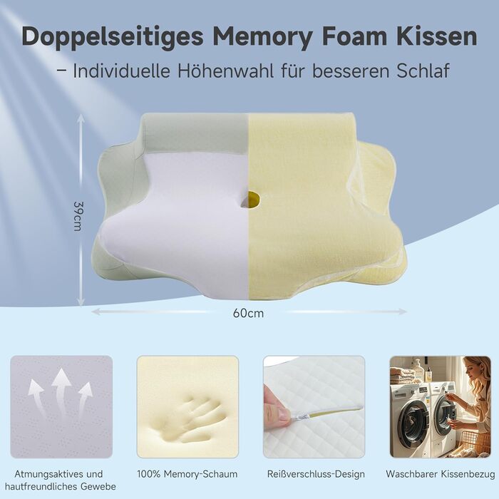 Подушка для шиї Z-hom, ергономічна подушка для шиї з піни з ефектом пам&39яті, подушка для сну на боці, спині та животі, ергономічна подушка для сну на боці (60 x 39 x 10/12 см)
